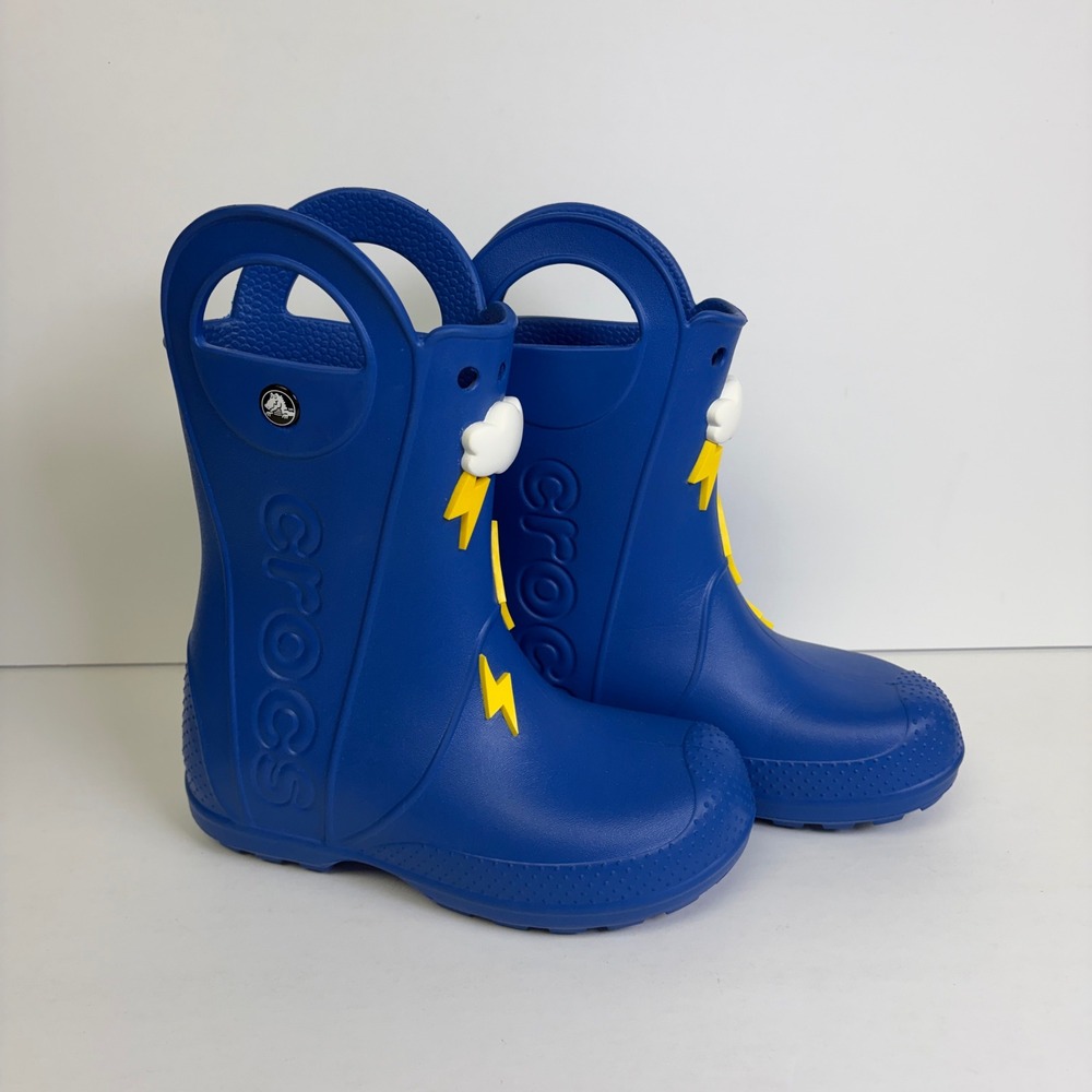 Crocs Handle It Rain Boots Blue Lightning Bolt Cloud Waterproof J1 Kids - Picture 2 of 7